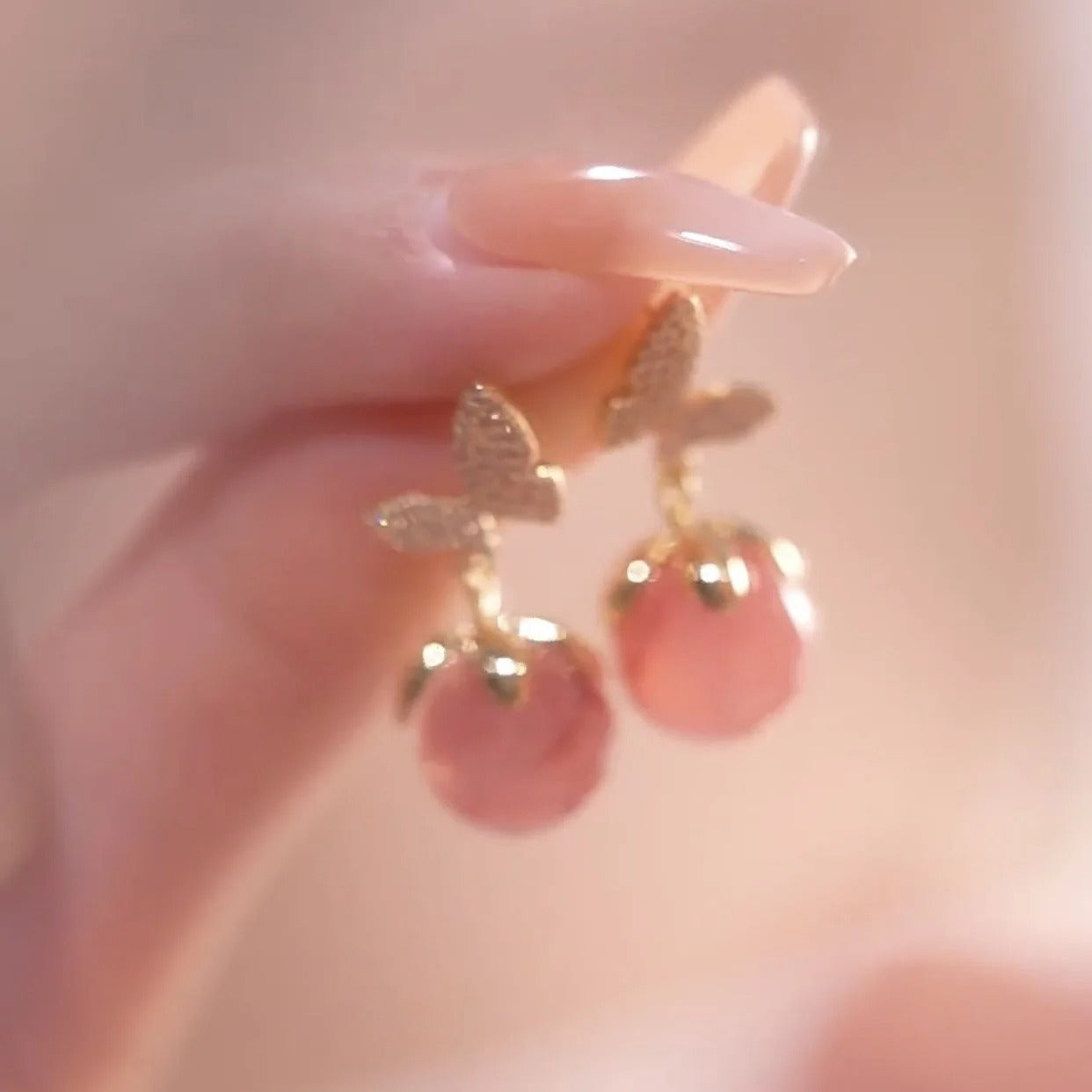 Cute Pink Opal Cherry Drop Earrings Girls Shiny Zircon Butterfly Cute Earrings For Women 2025 Trending Wedding Jewelry
