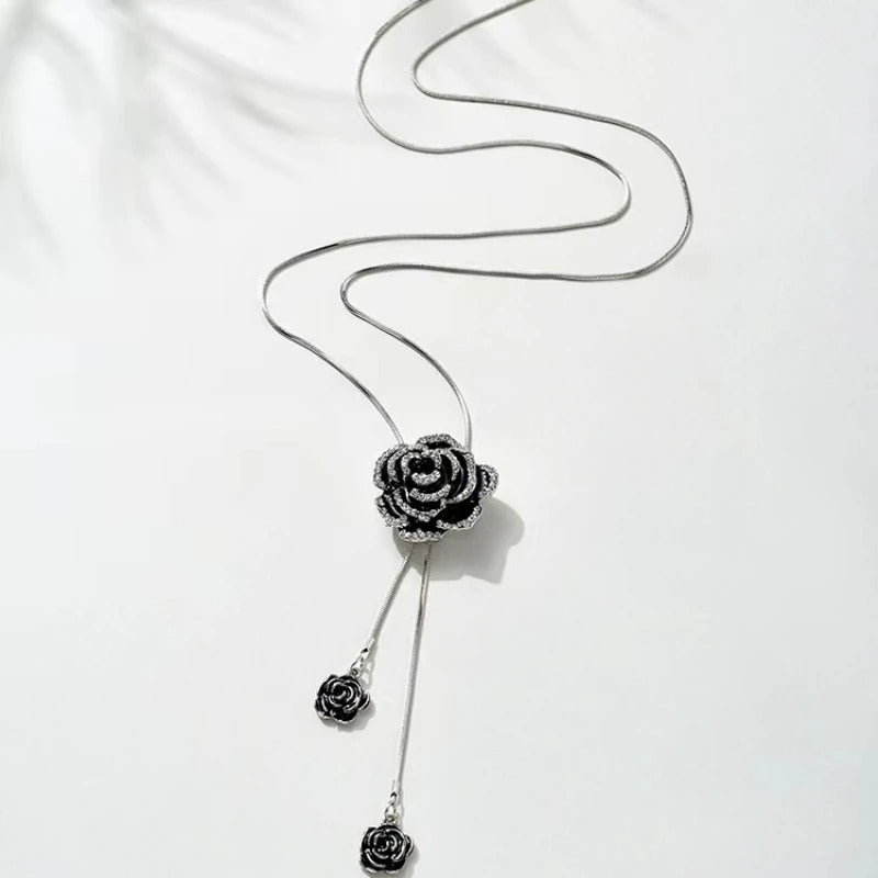 Fashion Black Rose Flower Long Necklace Sweater Chain Metal Crystal Pendant Necklaces Adjusted