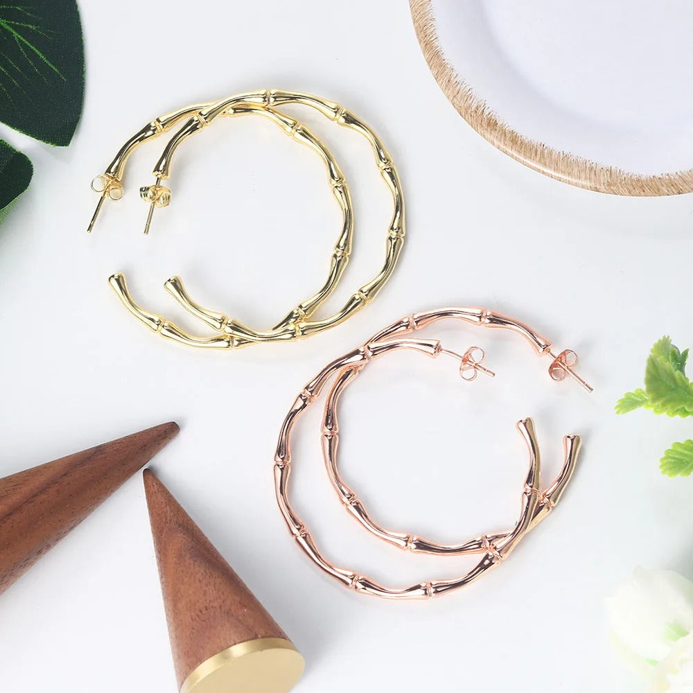 Rose Gold Bamboo Hoop Earrings Simple Aesthetic for Women