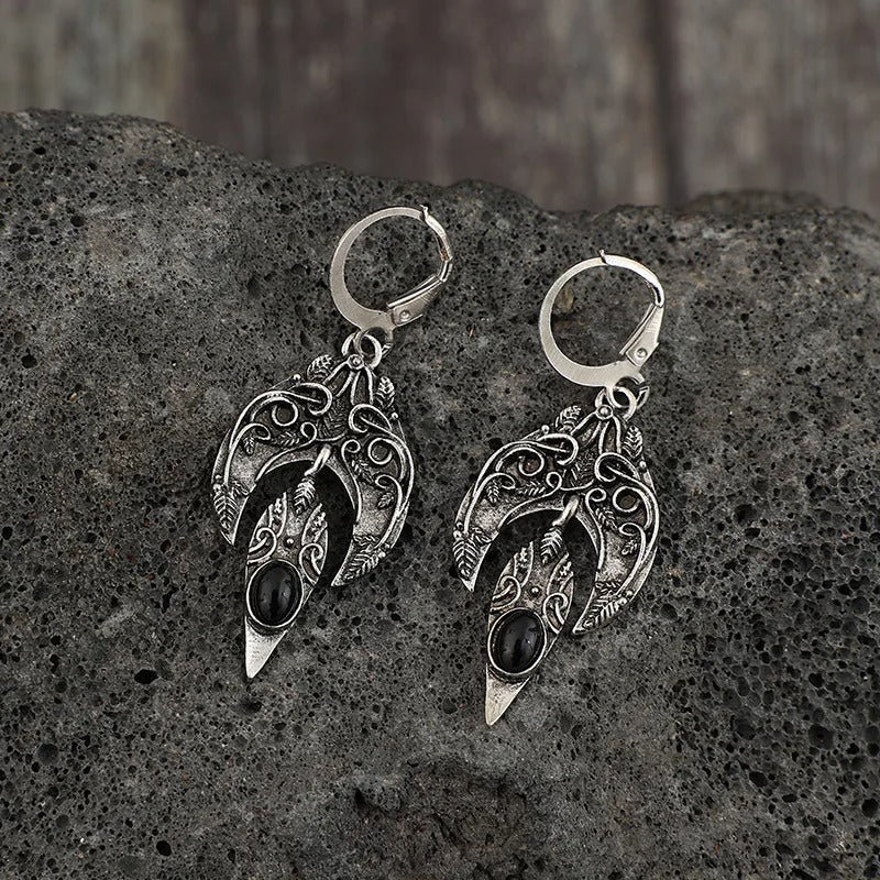 Vintage Silver Color Round Leaf Dangle Earrings Metal Carving Earrings for Women