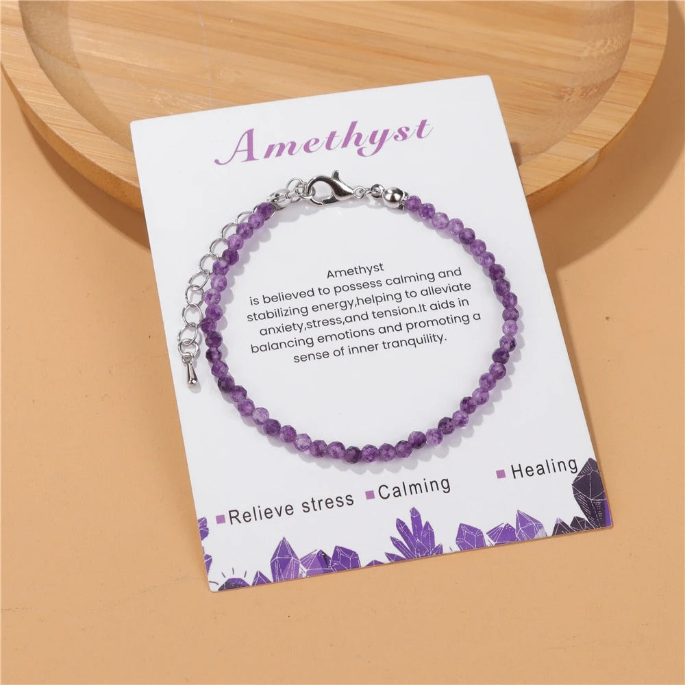 3mm Faceted Natural Stone Bracelet – Amethyst & Quartz Reiki Healing Jewelry for Women with Gift Card