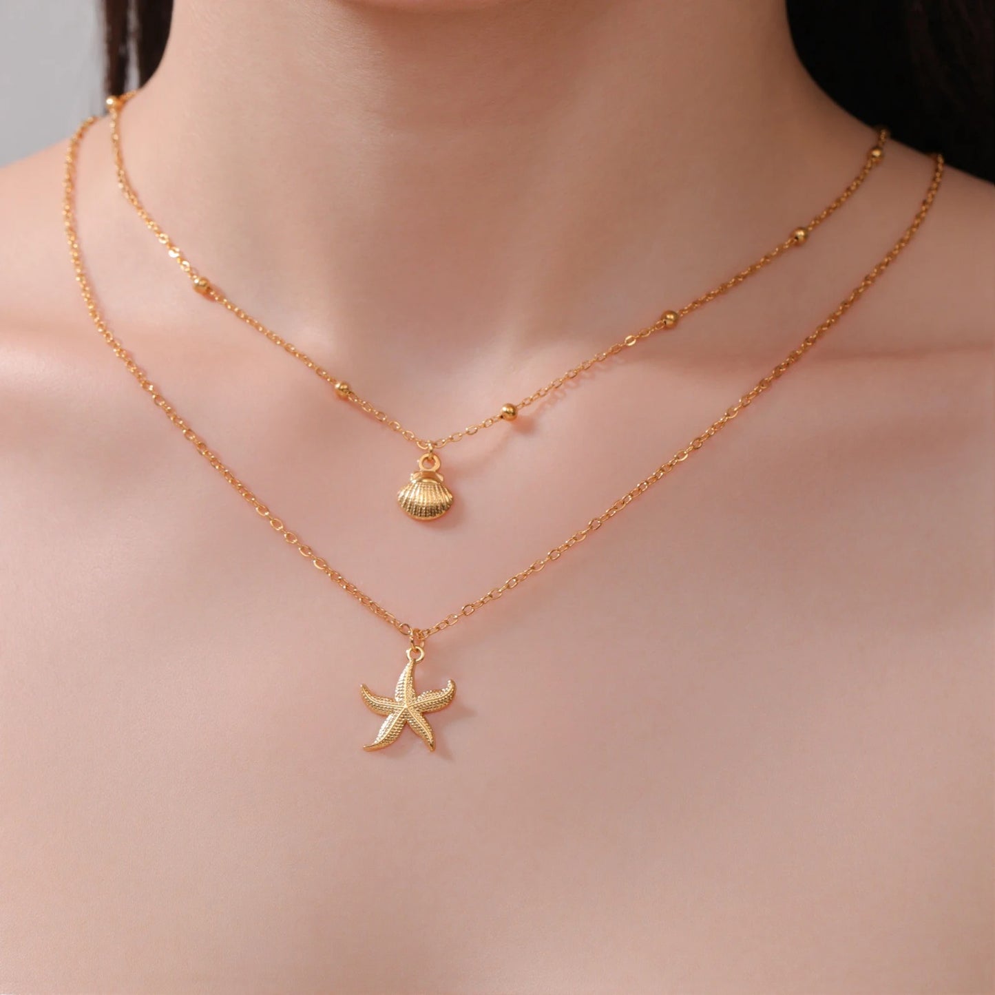 Layered Gold Chain Necklace Starfish Seashell Ocean Design