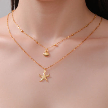 Layered Gold Chain Necklace Starfish Seashell Ocean Design