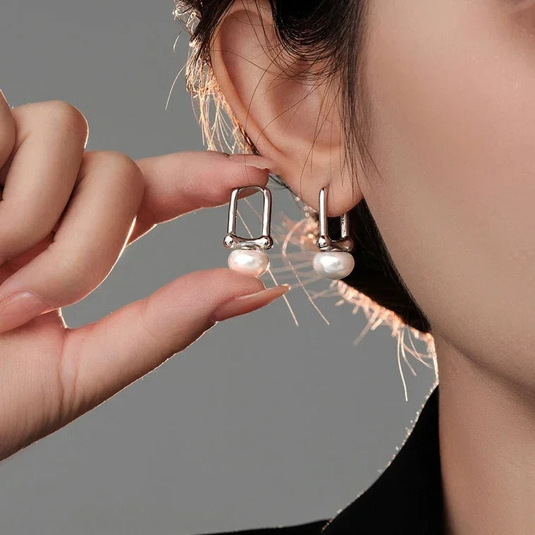 Real Sterling SilverI Pearl Hoop Earring for Women Geometric Minimalist Ear Buckle Vintage Fine Jewelry Accessories