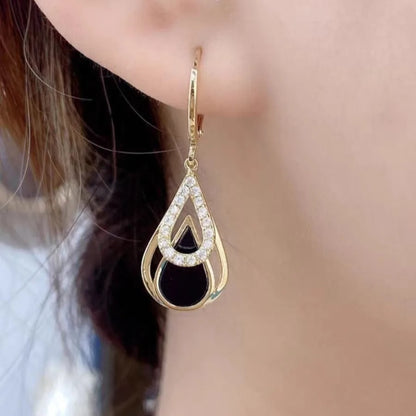 Trendy Rhinestone Dangle Earrings Black Enamel Round Hoop Women