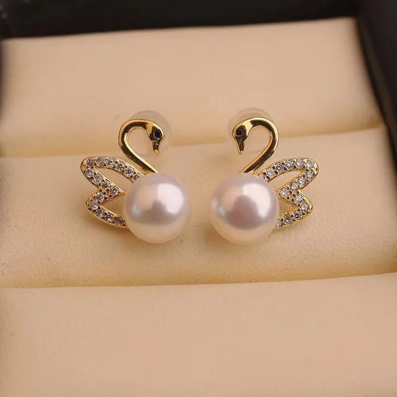 Korean 925 Silver Swan Earrings Hollow Crystal Pearl Studs