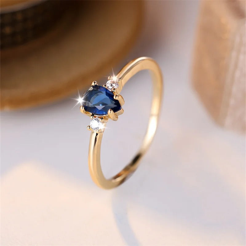 Royal Blue Pear Cut Zircon Ring for Women Gold Minimalist Stacking CZ