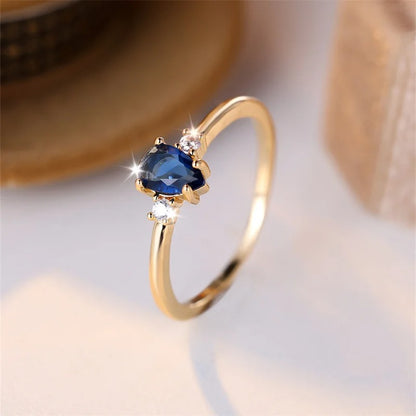 Royal Blue Pear Cut Zircon Ring for Women Gold Minimalist Stacking CZ