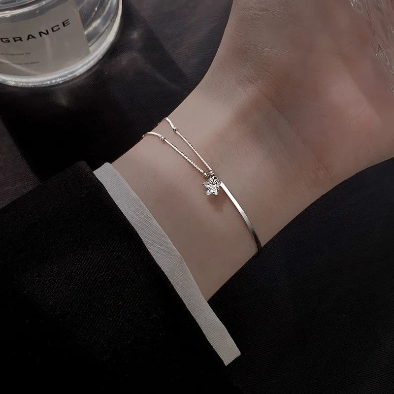 925 Sterling Silver Zircon Star Pendant Bracelet Women Girls
