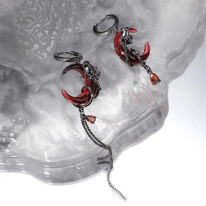 Gothic Red Moon Rose Earrings Asymmetrical Crystal Drop Jewelry