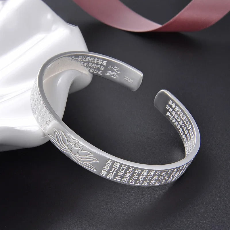 Foydjew New Ethnic Style Retro Lotus Buddhist Scriptures Heart Sutra Bracelets Women's Open Bracelet Plated Silver Jewelry