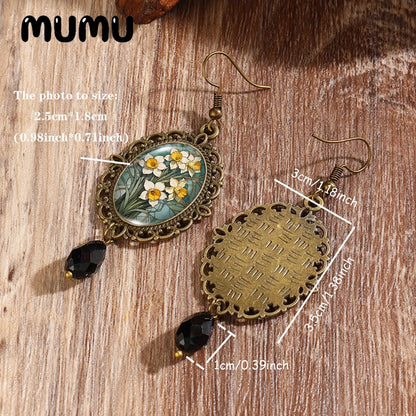 Daffodil Flower Retro Lace Earrings Handmade Glass Dome Jewelry