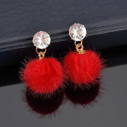 Korean Sweet Hair Ball Dangle Earrings Pink Red Women