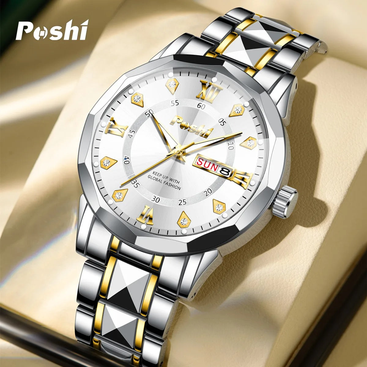 Men’s Date & Week Quartz Watch POSHI Luminous Waterproof Watch
