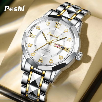 Men’s Date & Week Quartz Watch POSHI Luminous Waterproof Watch