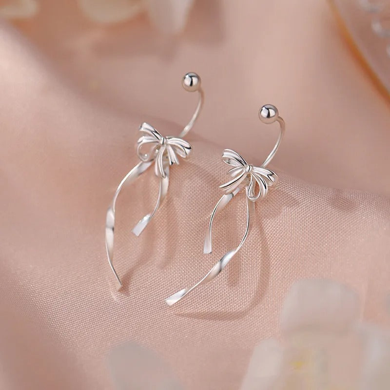 925 Sterling Silver Ribbon Bow Screw Earrings Women Long Fringe Fashion Earrings Summer Jewelry