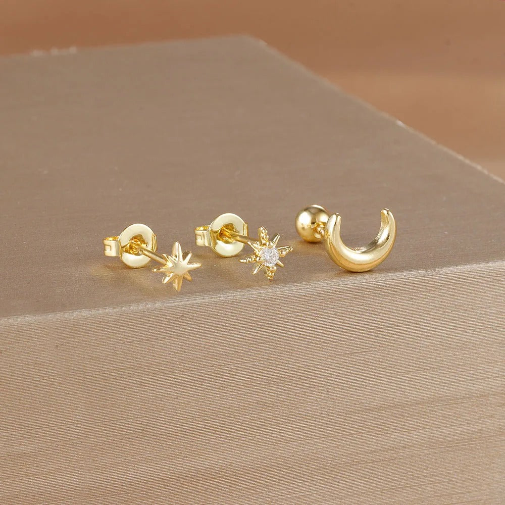 3Piece Stainless Steel Star Moon Ear Stud Earrings Set Women Daily Wear Cartilage Piercing Earring Punk Unisex Rock Jewelry
