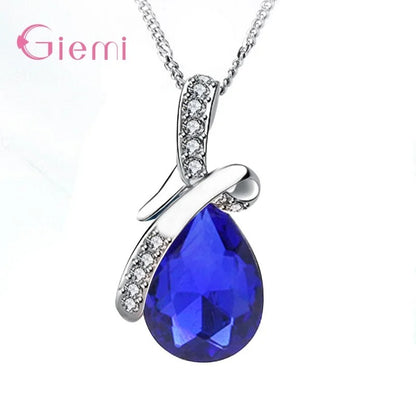 925 Sterling Silver Colorful Cubic Zirconia Waterdrop Pendant Necklace Women Girls Wedding Party Jewelry