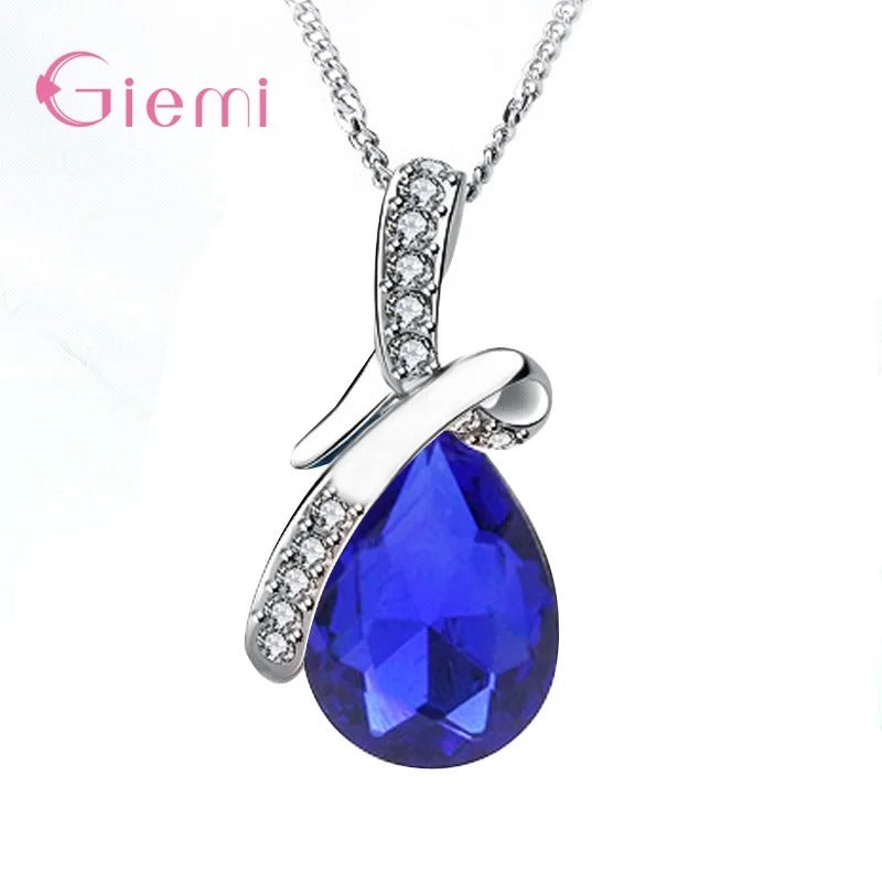 925 Sterling Silver Colorful Cubic Zirconia Waterdrop Pendant Necklace Women Girls Wedding Party Jewelry
