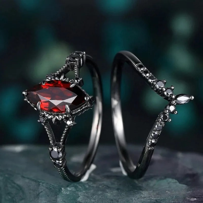 Black Oval Hollow Ring with Red & Black Stones for Women Gift