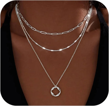 14K Gold and Silver Plated Layered Necklace Set Paperclip Chain