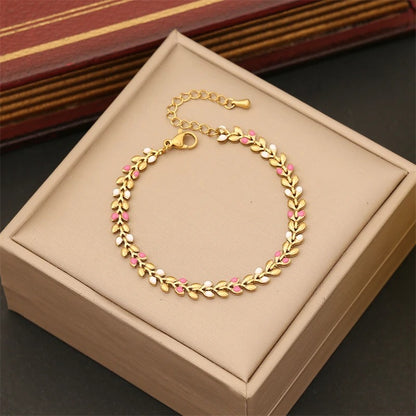 316L Stainless Steel Wheat & Olive Branch Charm Chain Bracelet