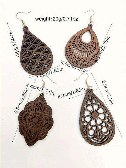 Elegant Wooden Flower Earrings Set 4 Pairs Vintage Retro Style
