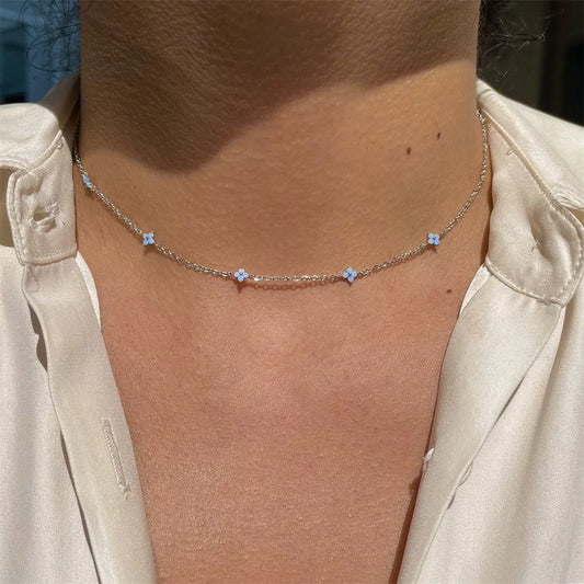 Crystal Clover Choker Necklace For Women K-pop Fashion Gold Color Thin Short Neck Chain Blue Flower Jewelry Gifts