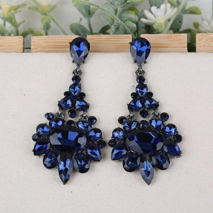 Bridal Long Drop Earrings Dark Blue Gray Champagne Crystals