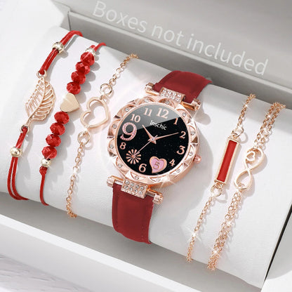 6PCS Women’s Heart Dial Watch & Leaf Bracelet Set Casual Leather