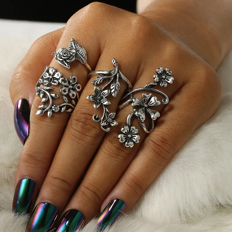 4PCS Vintage Silver Mori Flower & Vine Rings Women’s Fashion Set
