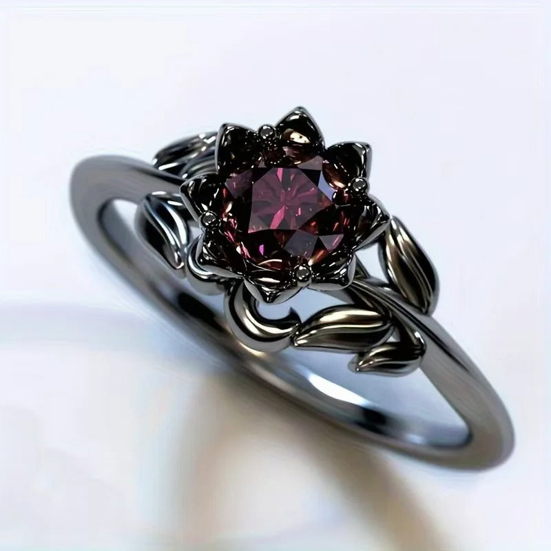 Ladies Flower Ring Gun Black Electroplated Zircon European Style