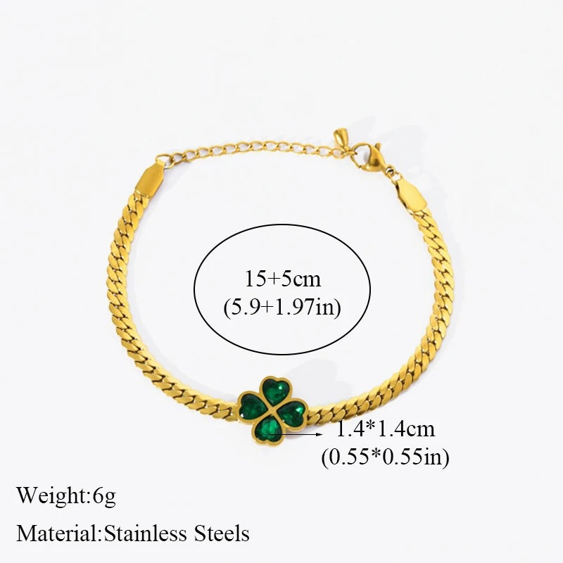 Green Crystal Clover Bracelet Bangle Stainless Steel Women Jewelry