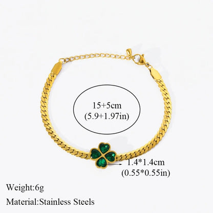 Green Crystal Clover Bracelet Bangle Stainless Steel Women Jewelry