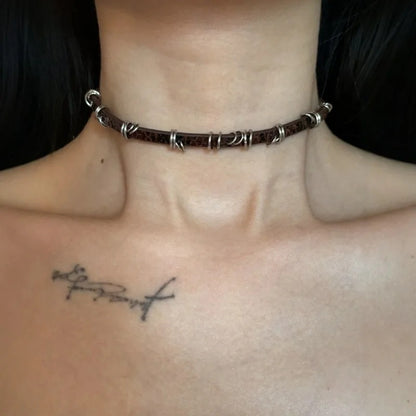 Gothic Brown Vintage Irregular Metal Circle Fine Leather Necklace Choker Sweet Cool Retro Leather Collar Choker Jewelry Y2K