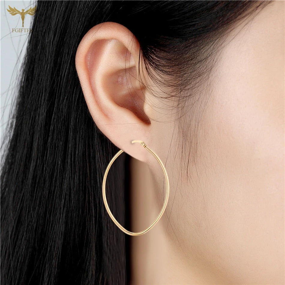 Golden Oval Hoop Earrings for Women Geometric Stainless Steel Jewelry