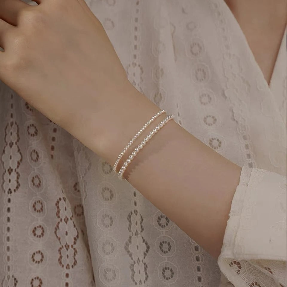 925 Sterling Silver White Pearl Bracelet 6mm Beads for Women