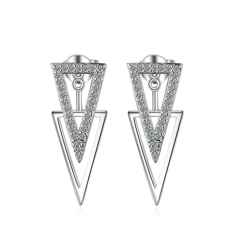 Women’s Silver Double Triangle Zircon Stud Earrings Luxury Jewelry