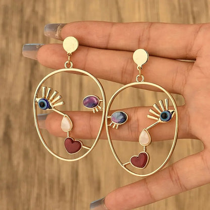 Gold Geometric Face Earrings Women Evil Eye Beads Dangle Jewelry Gift
