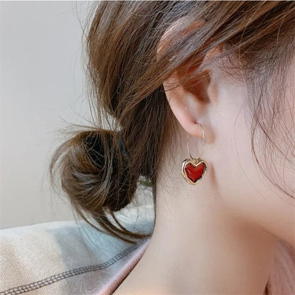 Red Heart Dangle Earrings for Women Gold Metal Jewelry Gift