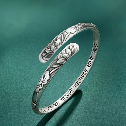Vintage 925 Thai Silver Lotus Flower Cuff Bracelet Adjustable Buddhist Bangle for Women
