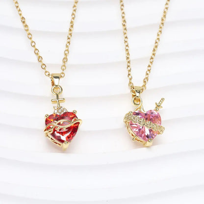 Sweet Love Heart Rhinestone Charms Pendant Necklace Cute One Arrow Through The Heart Rose Flower Around Necklaces Accessory