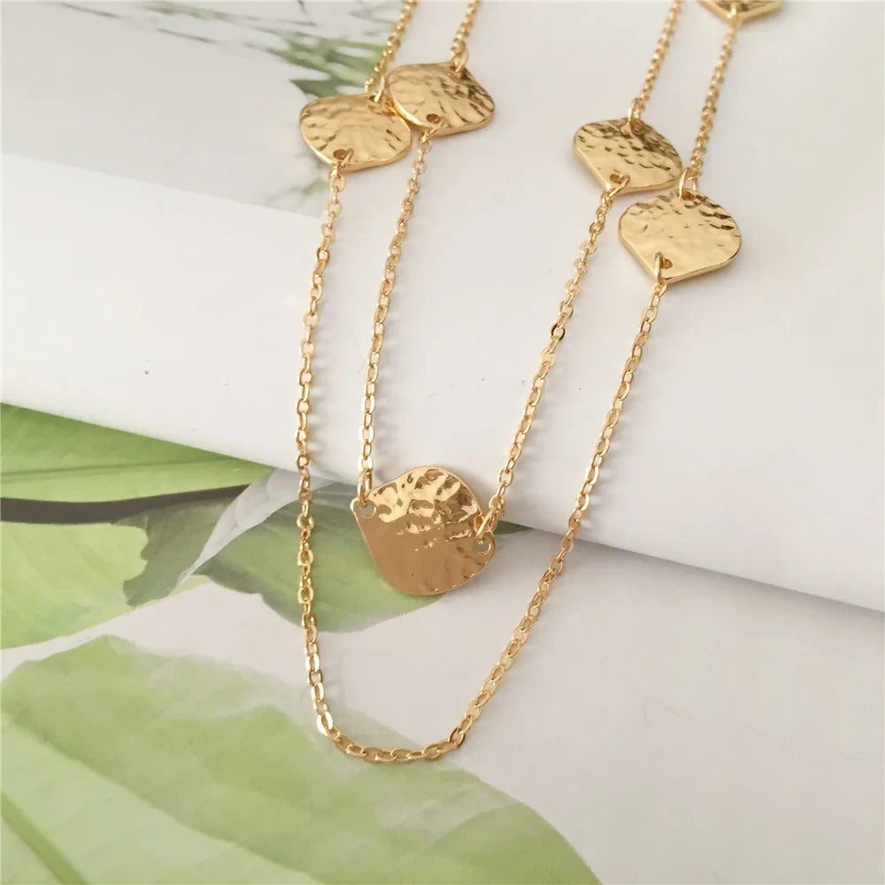 Trendy Gold Color Plating Hammered Leaf Strand Layered Long Necklace For Women Girl Sweater Decoration Party Anniversary Party