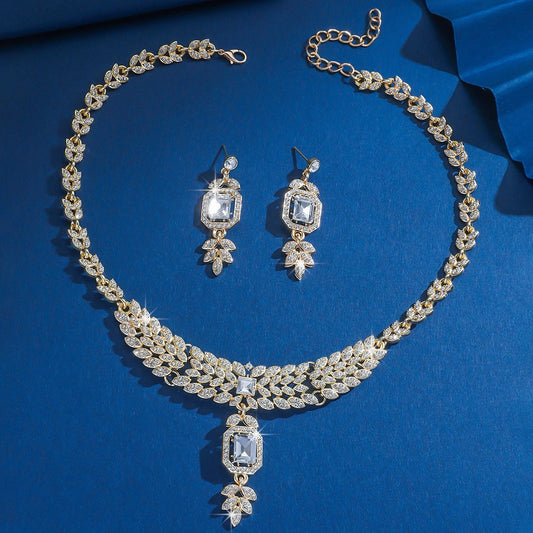 3PC Women's Fashion Geometric Square Leaf Necklace Earrings Jewelry Set, Suitable for Wedding and Festival Gifts