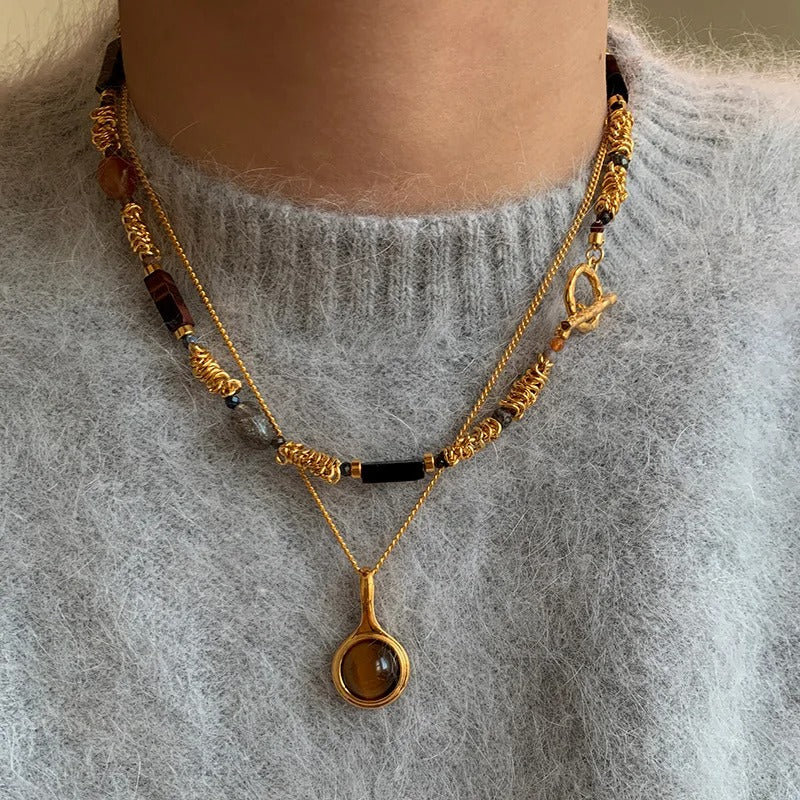 Fashion Natural Brown Stone Necklaces for Women Vintage Gold Color Metal Irregular Handmade Bead Choker Necklaces Jewelry Gifts