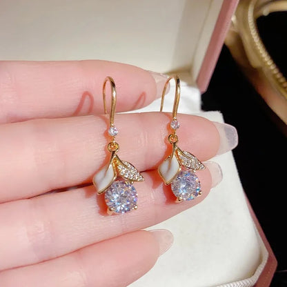 Enamel Oil Leaf Flower Drop Earrings Women Party Jewelry