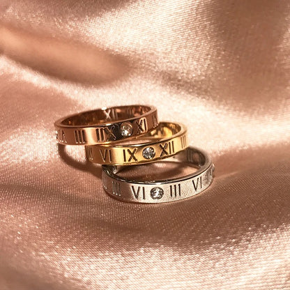 Rose Gold Roman Numeral Couple Ring Zircon Titanium Steel