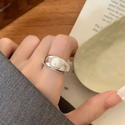 925 Sterling Silver Pearl Adjustable Ring for Women Wedding Engagement Jewelry