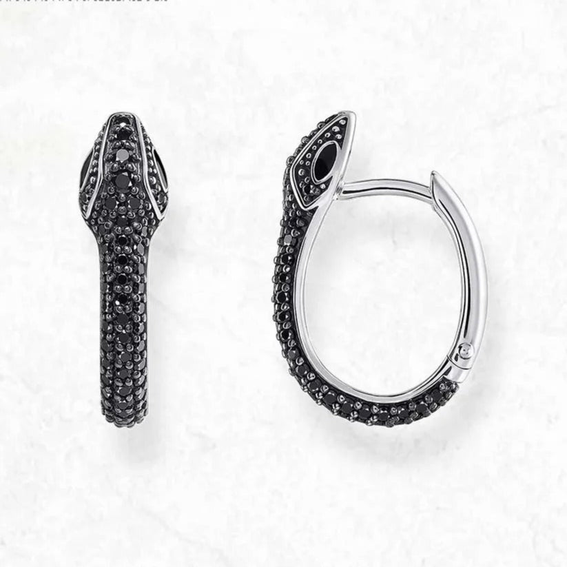 Blackened Snake Hoop Earrings Creole Fine Jewelry For Women Men Vintage Gift In 925 Sterling Silver