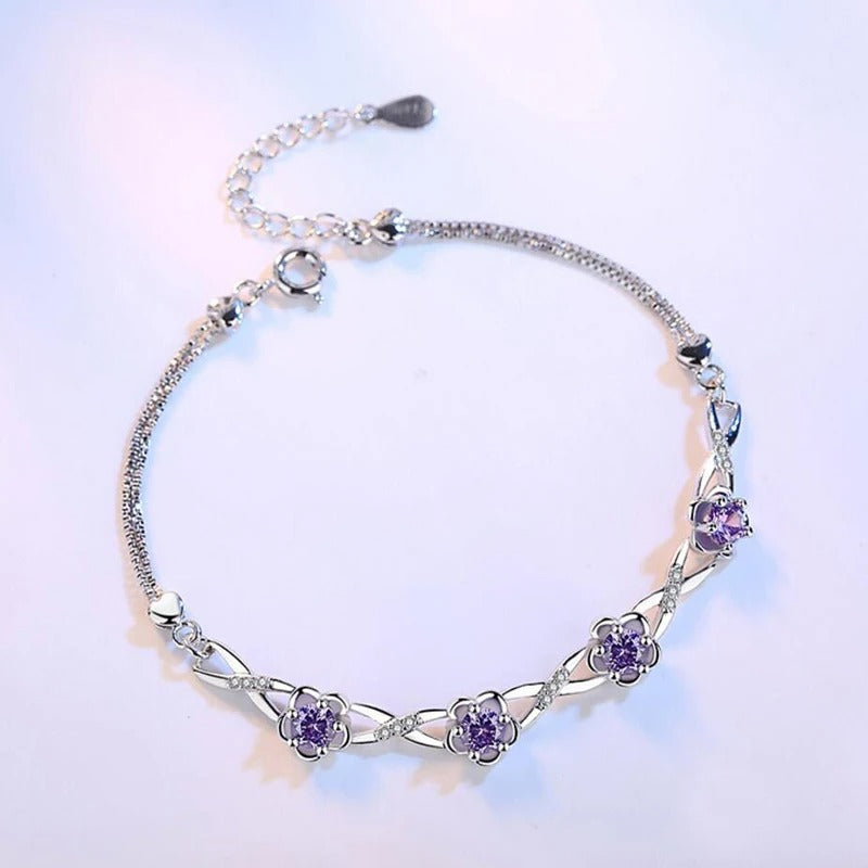925 Silver Purple & White Zircon Plum Flower Bracelet Women